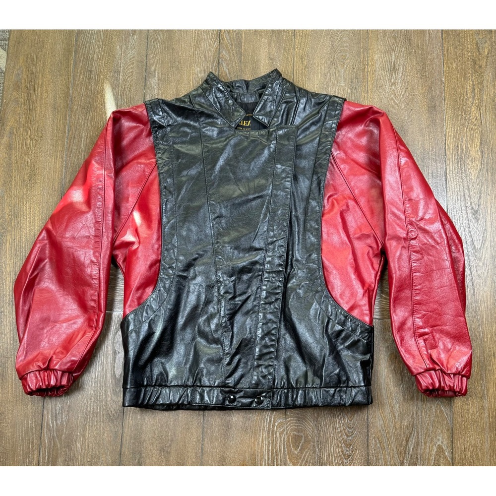 Vintage 80s ALEX Womens Leather Jacket 13/14 Red Black Colorblock Made USA 3348